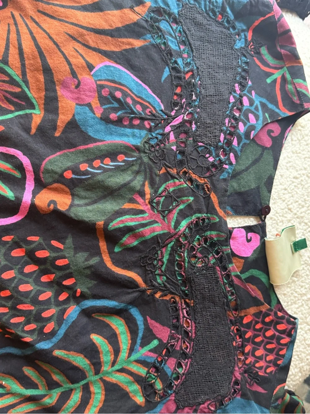 FARM Rio Black Tropical-Print Puff-Sleeve Blouse